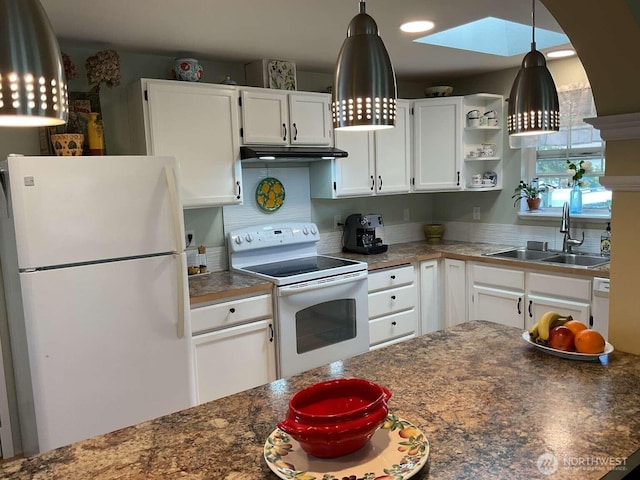 1403 Thomas St, Port Townsend, WA 98368 - kitchen with white appliances, a sink, under cabinet range hood, white cabinets, and dark countertops