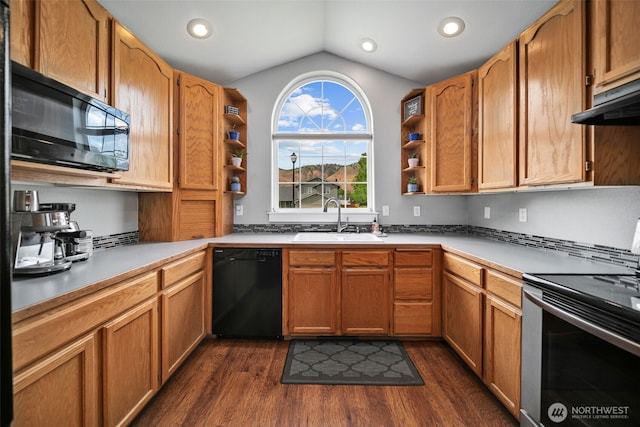 114 Creekside Pl, Cashmere, WA 98815 - kitchen featuring black appliances, open shelves, vaulted ceiling, a sink, and dark wood finished floors