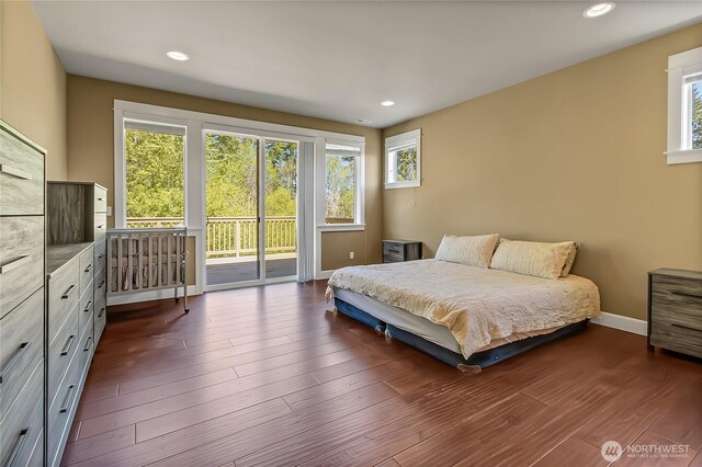 9440 Piperhill Dr SE, Olympia, WA 98513 - bedroom with access to outside, dark wood-type flooring, recessed lighting, and baseboards