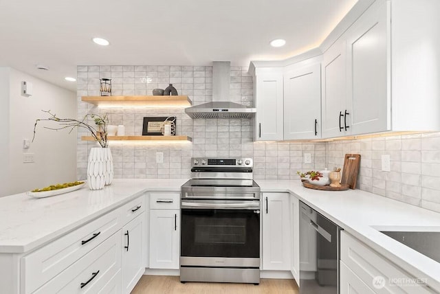 24212 SE 223rd St, Maple Valley, WA 98038 - kitchen with stainless steel appliances, wall chimney exhaust hood, open shelves, white cabinetry, and backsplash