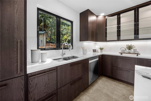 13703 Tastad Rd, Arlington, WA 98223 - kitchen featuring a sink, stainless steel dishwasher, dark brown cabinetry, and decorative backsplash