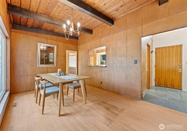6217 Hillcrest Dr SW, Lakewood, WA 98499 - dining area featuring a chandelier, wood walls, wooden ceiling with exposed beams, and wood finished floors