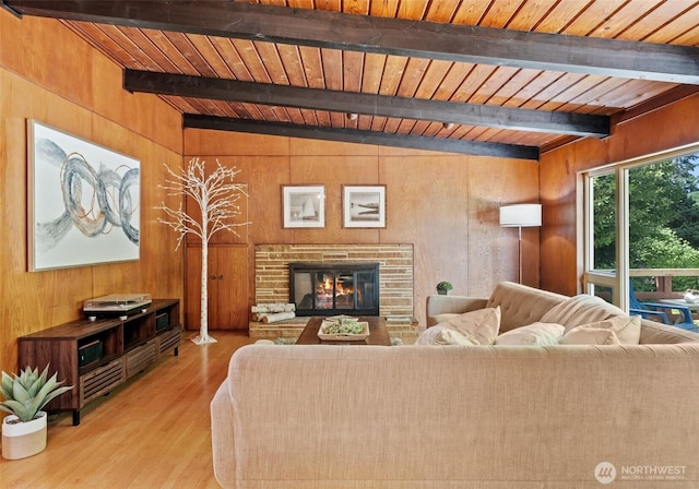 6217 Hillcrest Dr SW, Lakewood, WA 98499 - living room with wooden walls, wood finished floors, wooden ceiling with exposed beams, and a glass covered fireplace