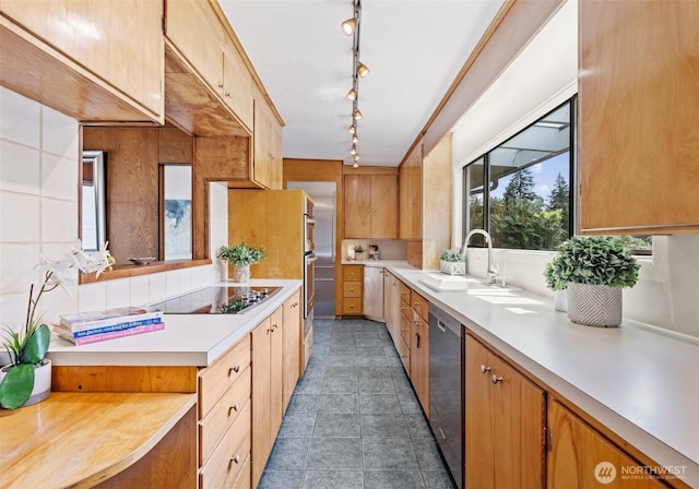 6217 Hillcrest Dr SW, Lakewood, WA 98499 - kitchen featuring black electric cooktop, stainless steel dishwasher, a sink, rail lighting, and light countertops