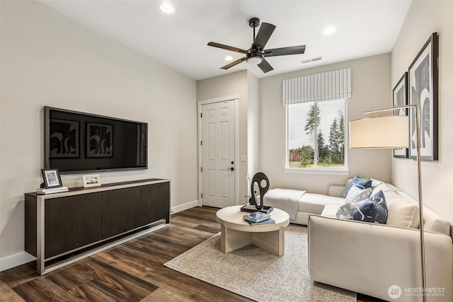 10610 134th Dr NE Unit 111, Lake Stevens, WA 98258 - living room with ceiling fan, dark wood-style floors, recessed lighting, and baseboards