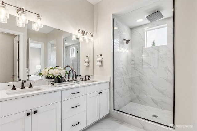 10610 134th Dr NE Unit 111, Lake Stevens, WA 98258 - bathroom with marble look tiles, double vanity, and a marble finish shower