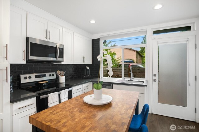 1055 S Cloverdale, Seattle, WA 98108 - kitchen featuring appliances with stainless steel finishes, a sink, white cabinets, tasteful backsplash, and wooden counters