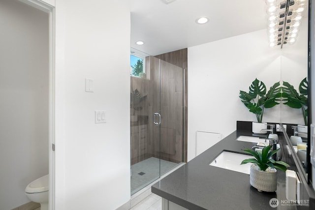 1055 S Cloverdale, Seattle, WA 98108 - bathroom with toilet, a shower stall, recessed lighting, and vanity