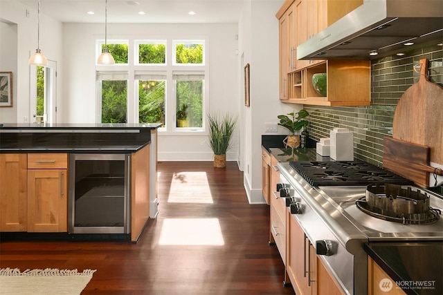 10022 NE 110th St, Kirkland, WA 98033 - kitchen featuring wine cooler, exhaust hood, stainless steel gas stovetop, dark countertops, and tasteful backsplash