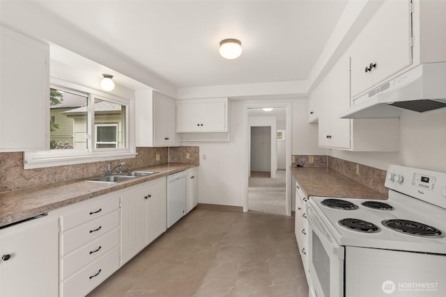 525527 16th Ave SE, Olympia, WA 98501 - kitchen with white appliances, under cabinet range hood, a sink, decorative backsplash, and white cabinetry