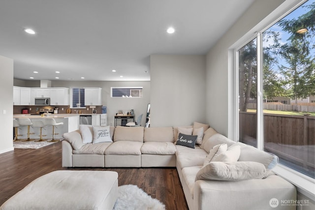 3808 181st St E, Tacoma, WA 98446 - living area with recessed lighting and dark wood-style floors