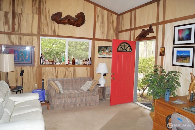 80 E Tamarack Ln, Shelton, WA 98584 - carpeted living room with wood walls and ornamental molding
