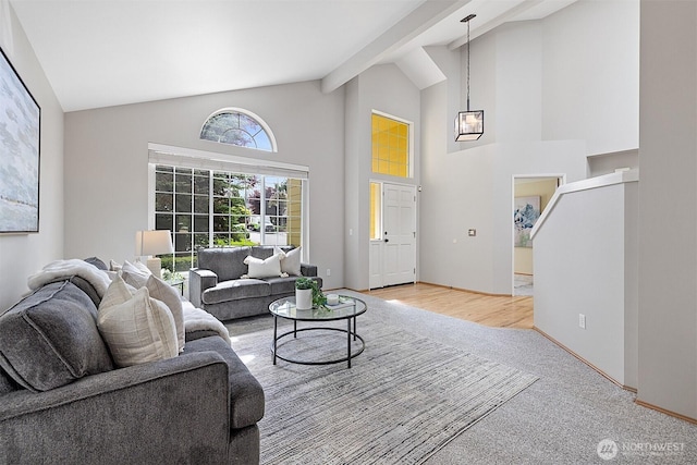 30515 127th Pl SE, Auburn, WA 98092 - living room featuring high vaulted ceiling, carpet, and baseboards