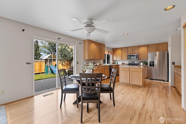 30515 127th Pl SE, Auburn, WA 98092 - dining room with light wood-type flooring, ceiling fan, recessed lighting, and baseboards