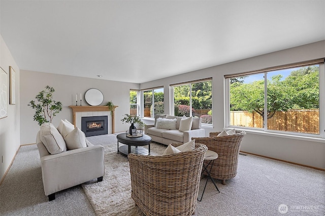 30515 127th Pl SE, Auburn, WA 98092 - living room with light colored carpet, a fireplace, and baseboards