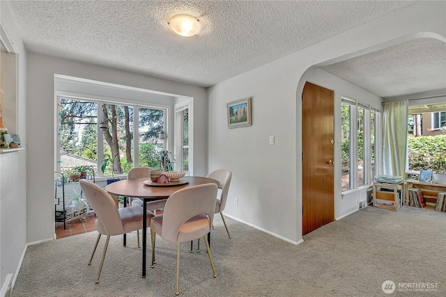 9024 29th St W, University Place, WA 98466 - carpeted dining area featuring a textured ceiling, arched walkways, and baseboards
