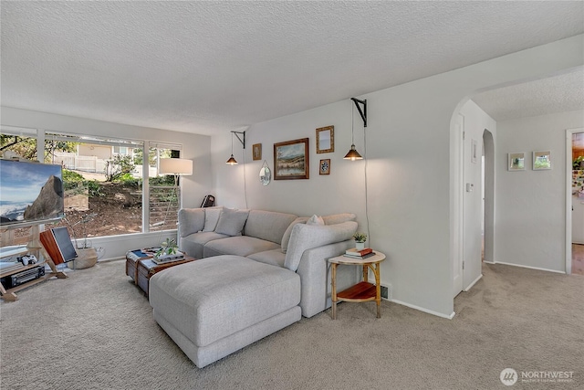 9024 29th St W, University Place, WA 98466 - living room with carpet, arched walkways, a textured ceiling, and baseboards