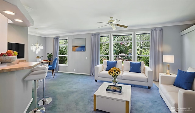6614 241st Ave E Unit 38, Buckley, WA 98321 - living room featuring carpet, a chandelier, ornamental molding, a ceiling fan, and recessed lighting