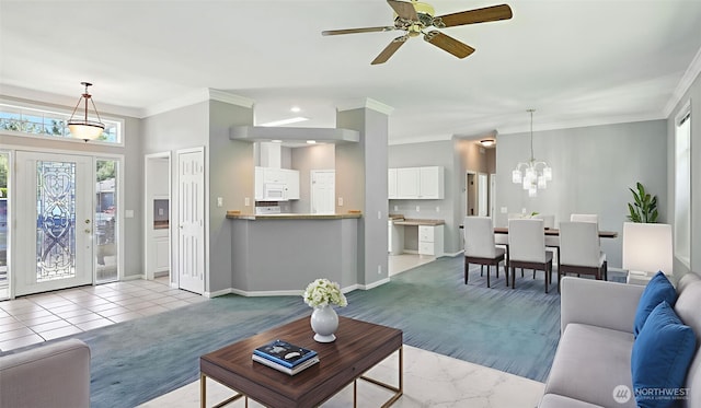 6614 241st Ave E Unit 38, Buckley, WA 98321 - living area with light carpet, crown molding, ceiling fan, and a chandelier