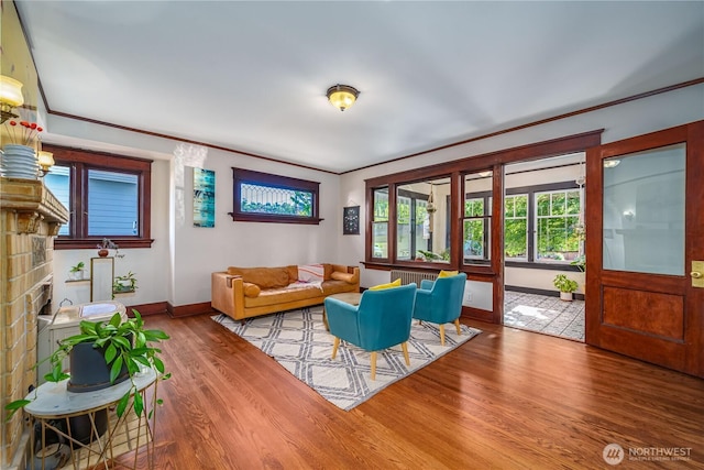 9316 7th Ave S, Seattle, WA 98108 - living area featuring baseboards, wood finished floors, crown molding, and a fireplace