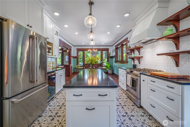 9316 7th Ave S, Seattle, WA 98108 - kitchen featuring stainless steel appliances, open shelves, dark countertops, beverage cooler, and white cabinetry