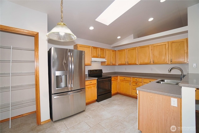 2820 V Ct SE, Auburn, WA 98002 - kitchen with stainless steel refrigerator with ice dispenser, black range with electric stovetop, a sink, a skylight, and vaulted ceiling