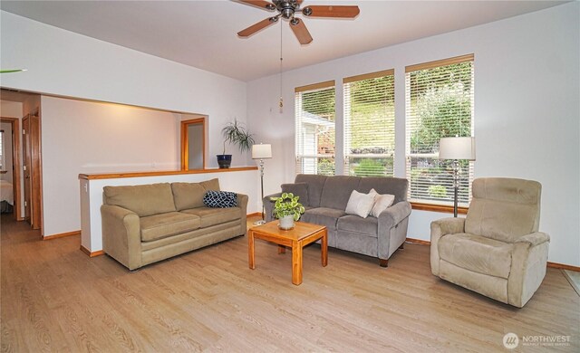 2820 V Ct SE, Auburn, WA 98002 - living room with a ceiling fan, baseboards, light wood-type flooring, and healthy amount of natural light