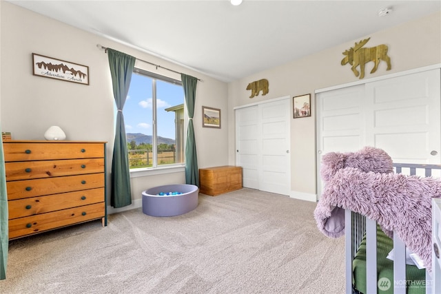 3 Kingfisher Rd, Twisp, WA 98856 - bedroom featuring two closets, carpet floors, a mountain view, and baseboards