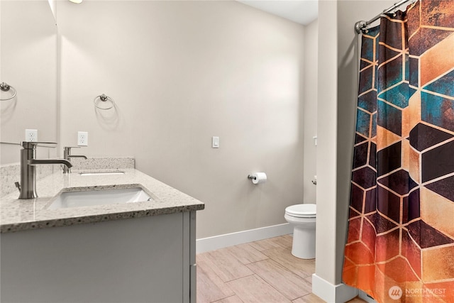 3 Kingfisher Rd, Twisp, WA 98856 - full bathroom with double vanity, toilet, baseboards, and a shower with shower curtain