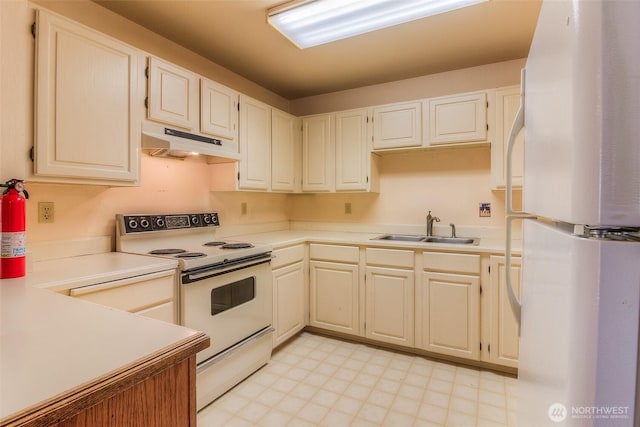 703 Tanarae Pl, Yakima, WA 98908 - kitchen with white appliances, under cabinet range hood, light countertops, and light floors