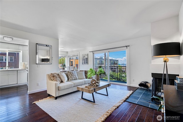 613 4th Ave W Unit 202, Seattle, WA 98119 - living room featuring dark wood finished floors, plenty of natural light, baseboards, and a multi sided fireplace
