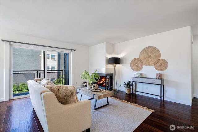 613 4th Ave W Unit 202, Seattle, WA 98119 - living area with wood-type flooring, a multi sided fireplace, and baseboards