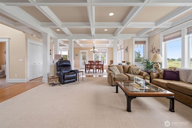 234 26th St NW, Long Beach, WA 98631 - living area featuring decorative columns, coffered ceiling, beam ceiling, recessed lighting, and baseboards