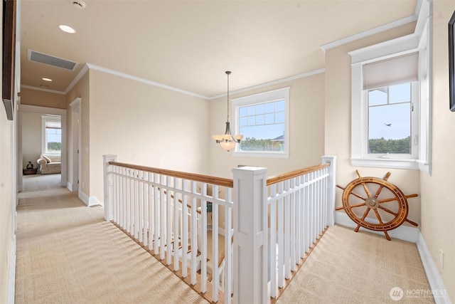 234 26th St NW, Long Beach, WA 98631 - hall with carpet flooring, baseboards, an upstairs landing, ornamental molding, and recessed lighting