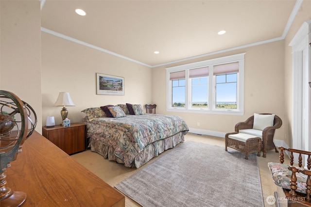 234 26th St NW, Long Beach, WA 98631 - bedroom with light carpet, crown molding, baseboards, and recessed lighting