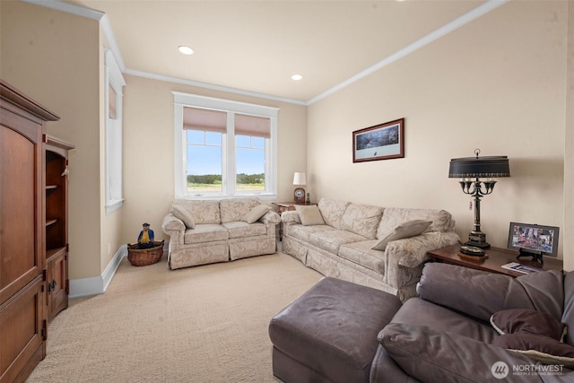 234 26th St NW, Long Beach, WA 98631 - living area featuring crown molding, light carpet, recessed lighting, and baseboards