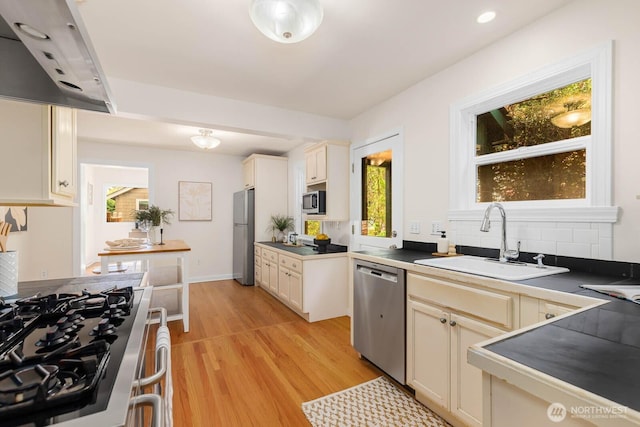 1214 NE 98th St, Seattle, WA 98115 - kitchen with stainless steel appliances, a sink, under cabinet range hood, light wood-style floors, and backsplash
