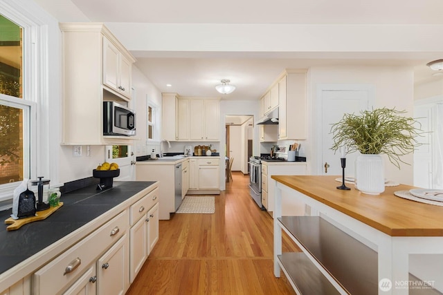 1214 NE 98th St, Seattle, WA 98115 - kitchen with appliances with stainless steel finishes, a sink, under cabinet range hood, light wood-type flooring, and wooden counters