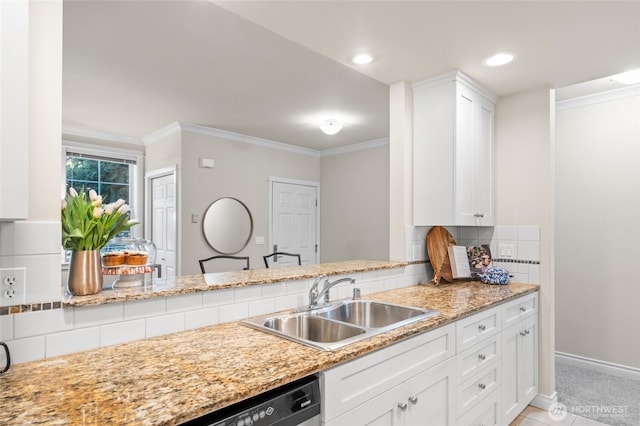 1310 Old Fairhaven Pkwy Unit 102, Bellingham, WA 98225 - kitchen featuring a sink, ornamental molding, white cabinets, baseboards, and light stone countertops