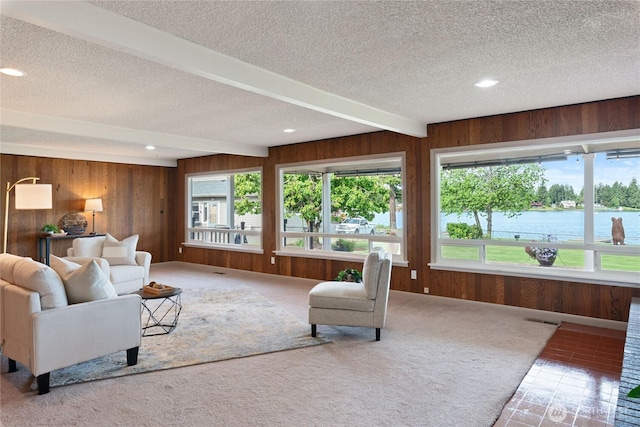 16801 Lakeside Dr S, Spanaway, WA 98387 - carpeted living room with wood walls, plenty of natural light, a textured ceiling, beamed ceiling, and recessed lighting