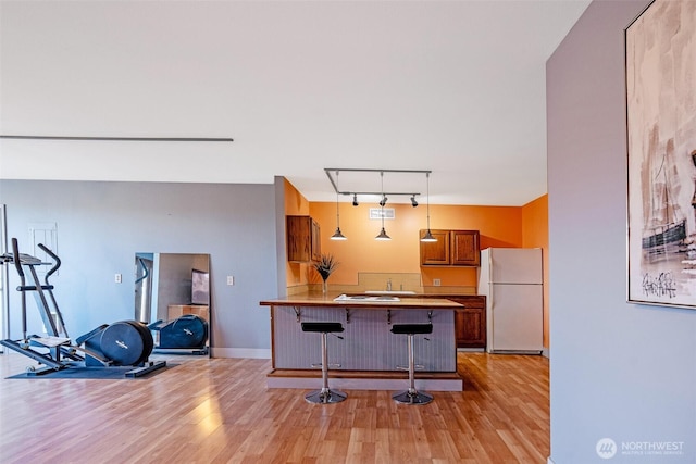 927 Pheasant Run, Westport, WA 98595 - kitchen with freestanding refrigerator, light wood-style flooring, rail lighting, and a peninsula