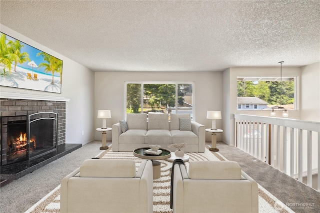 29630 24th Ave S, Federal Way, WA 98003 - carpeted living area featuring healthy amount of natural light, a fireplace, and a textured ceiling