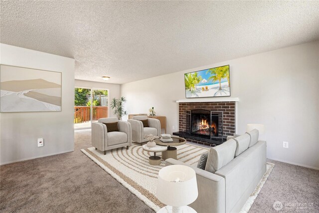29630 24th Ave S, Federal Way, WA 98003 - living room with carpet floors, a brick fireplace, a textured ceiling, and baseboards