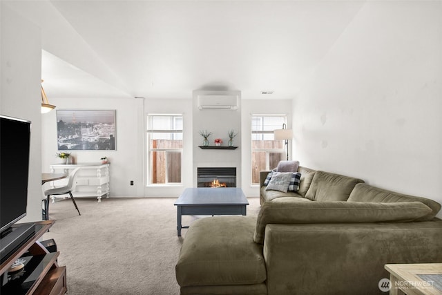 515 Forest Park St, Port Orchard, WA 98366 - carpeted living room featuring a wall mounted air conditioner and a warm lit fireplace