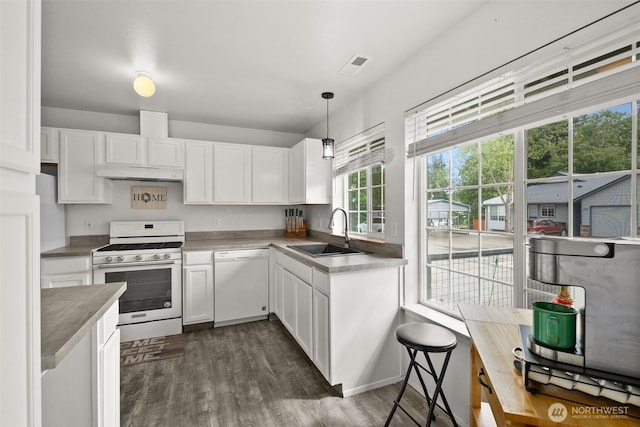 515 Forest Park St, Port Orchard, WA 98366 - kitchen with white appliances, a sink, under cabinet range hood, white cabinetry, and dark wood-type flooring
