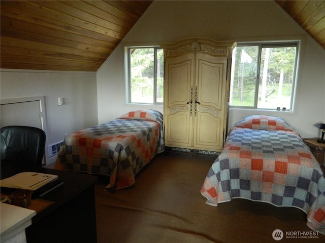 302 Summer Rd, Tonasket, WA 98855 - bedroom with vaulted ceiling, wooden ceiling, and dark carpet