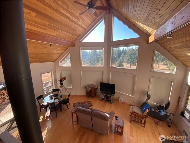 302 Summer Rd, Tonasket, WA 98855 - living area featuring wood ceiling with exposed beams, high vaulted ceiling, plenty of natural light, ceiling fan, and wood finished floors
