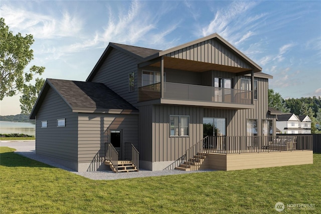 1301 Leighton St, Blaine, WA 98230 - back of house with a balcony, board and batten siding, a yard, and roof with shingles