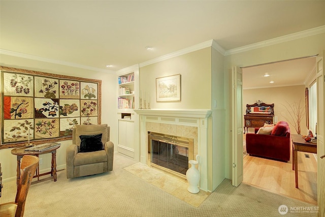 614 NW 126th Pl, Seattle, WA 98177 - sitting room featuring a tile fireplace, carpet, crown molding, built in features, and recessed lighting