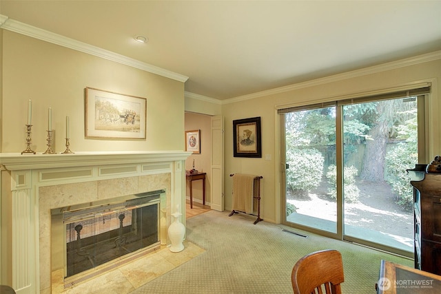 614 NW 126th Pl, Seattle, WA 98177 - living room featuring radiator, a tile fireplace, light carpet, and ornamental molding